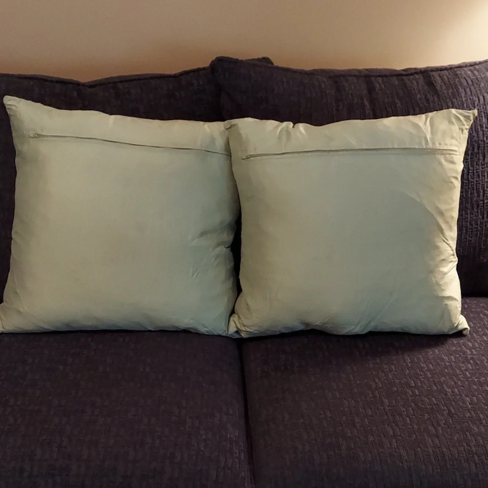 Y2K PALE CELERY GREEN EMBROIDERED SATIN THROW PILLOWS SET OF 2! 18 x 18 GUC